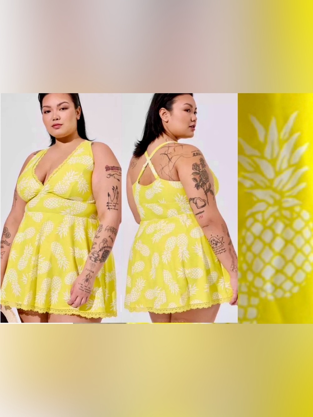 TORRID WIRELESS MID LACE TRIMMED SWIM DRESS W/BRIEF PINEAPPLE PRINT SIZE 3~NWT